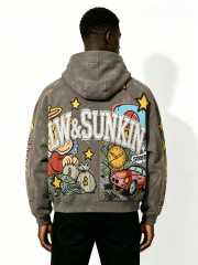 Custom Taupe Full Zip Hooded Jacket, Men Cartoon Comic Patch Applique Letter Oversized Casual Streetwear Zip Up Hoodie, Private Label Supported, 50 MOQ, 7-Day Fast Sampling