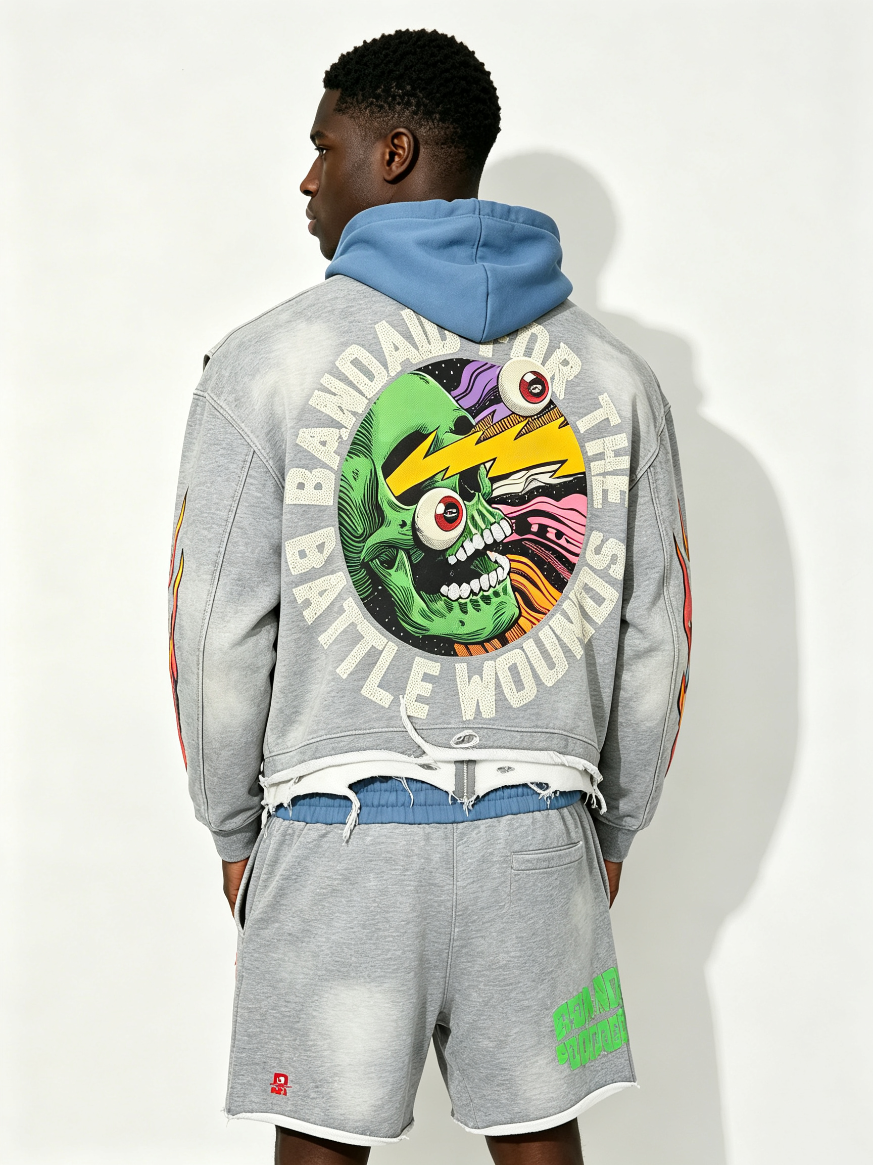 Custom Heather Grey Contrast Blue Hood Zip Up Cropped Hoodie & Shorts Two Piece Set, Men Flame Skeleton Hand Eye Cartoon Print Oversized Hip Hop Streetwear Co-Ord, Private Label, 50 MOQ, 7-Day Fast Sampling