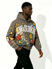 Custom Taupe Full Zip Hooded Jacket, Men Cartoon Comic Patch Applique Letter Oversized Casual Streetwear Zip Up Hoodie, Private Label Supported, 50 MOQ, 7-Day Fast Sampling
