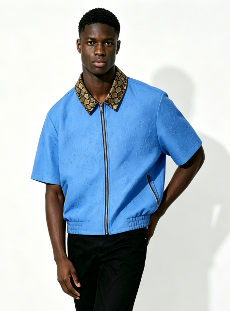 Custom Embossed Baroque Short Sleeve Zip Jacket, Men Snake Print Contrast Collar Cropped Oversized Luxury Streetwear Coach Coat, Private Label Supported, 50 MOQ, 7-Day Fast Sampling