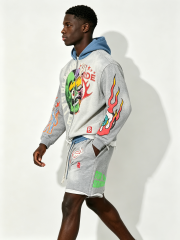 Custom Heather Grey Contrast Blue Hood Zip Up Cropped Hoodie & Shorts Two Piece Set, Men Flame Skeleton Hand Eye Cartoon Print Oversized Hip Hop Streetwear Co-Ord, Private Label, 50 MOQ, 7-Day Fast Sampling