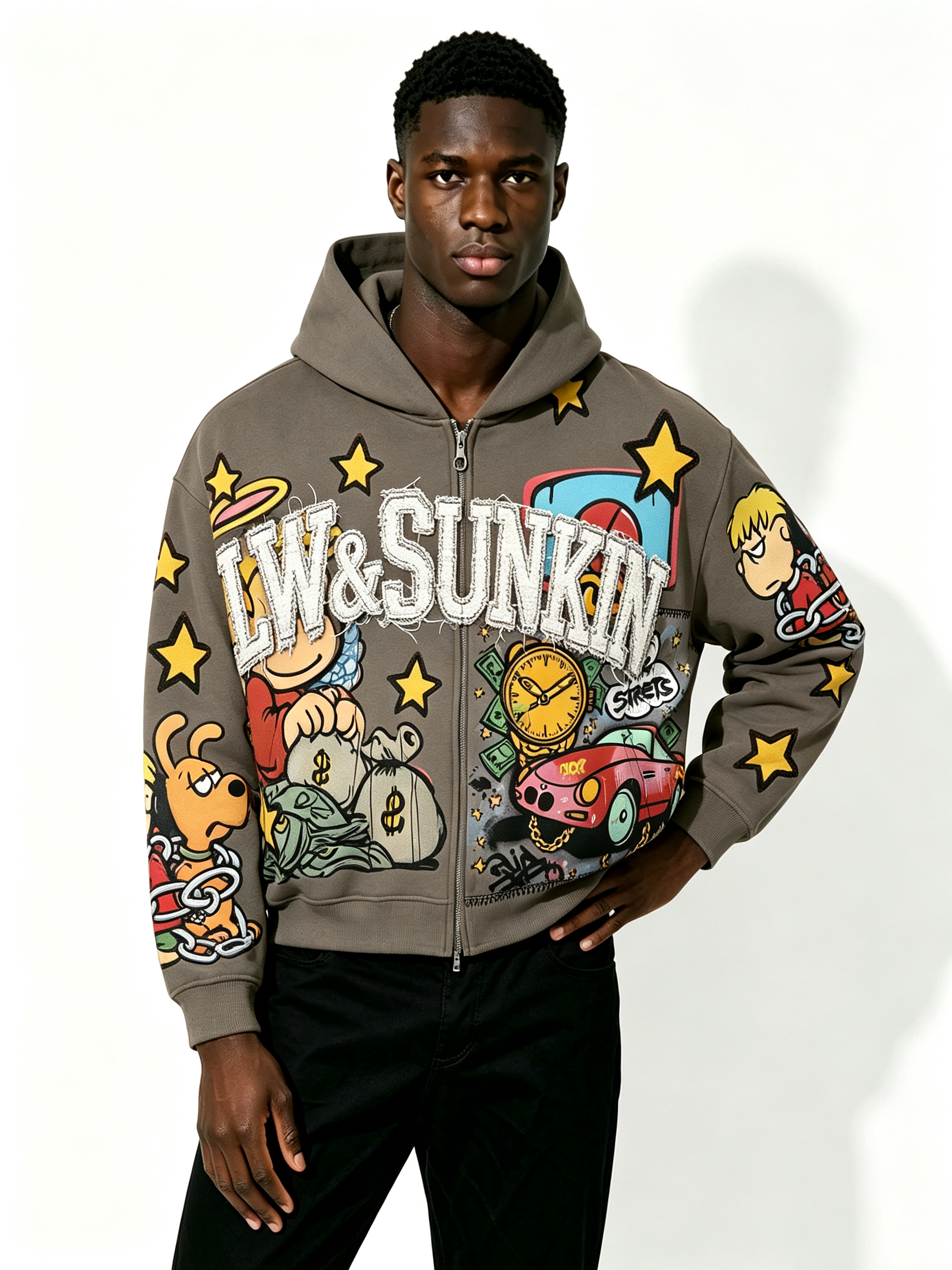 Custom Taupe Full Zip Hooded Jacket, Men Cartoon Comic Patch Applique Letter Oversized Casual Streetwear Zip Up Hoodie, Private Label Supported, 50 MOQ, 7-Day Fast Sampling