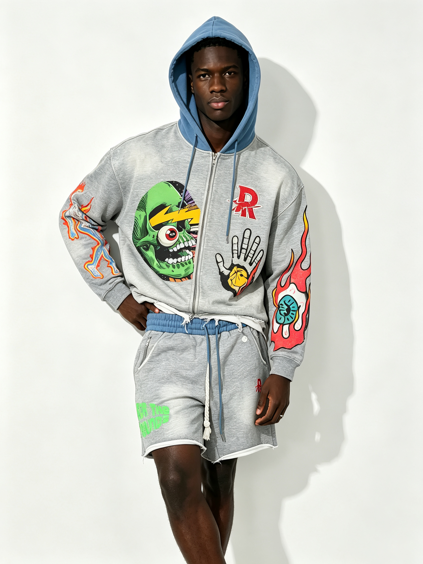 Custom Heather Grey Contrast Blue Hood Zip Up Cropped Hoodie & Shorts Two Piece Set, Men Flame Skeleton Hand Eye Cartoon Print Oversized Hip Hop Streetwear Co-Ord, Private Label, 50 MOQ, 7-Day Fast Sampling