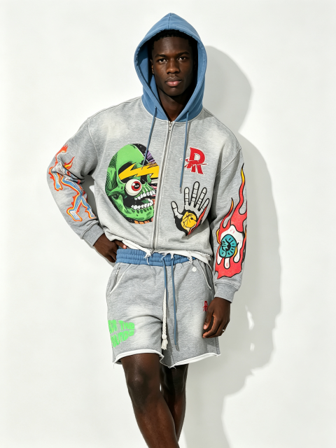 Custom Heather Grey Contrast Blue Hood Zip Up Cropped Hoodie & Shorts Two Piece Set, Men Flame Skeleton Hand Eye Cartoon Print Oversized Hip Hop Streetwear Co-Ord, Private Label, 50 MOQ, 7-Day Fast Sampling