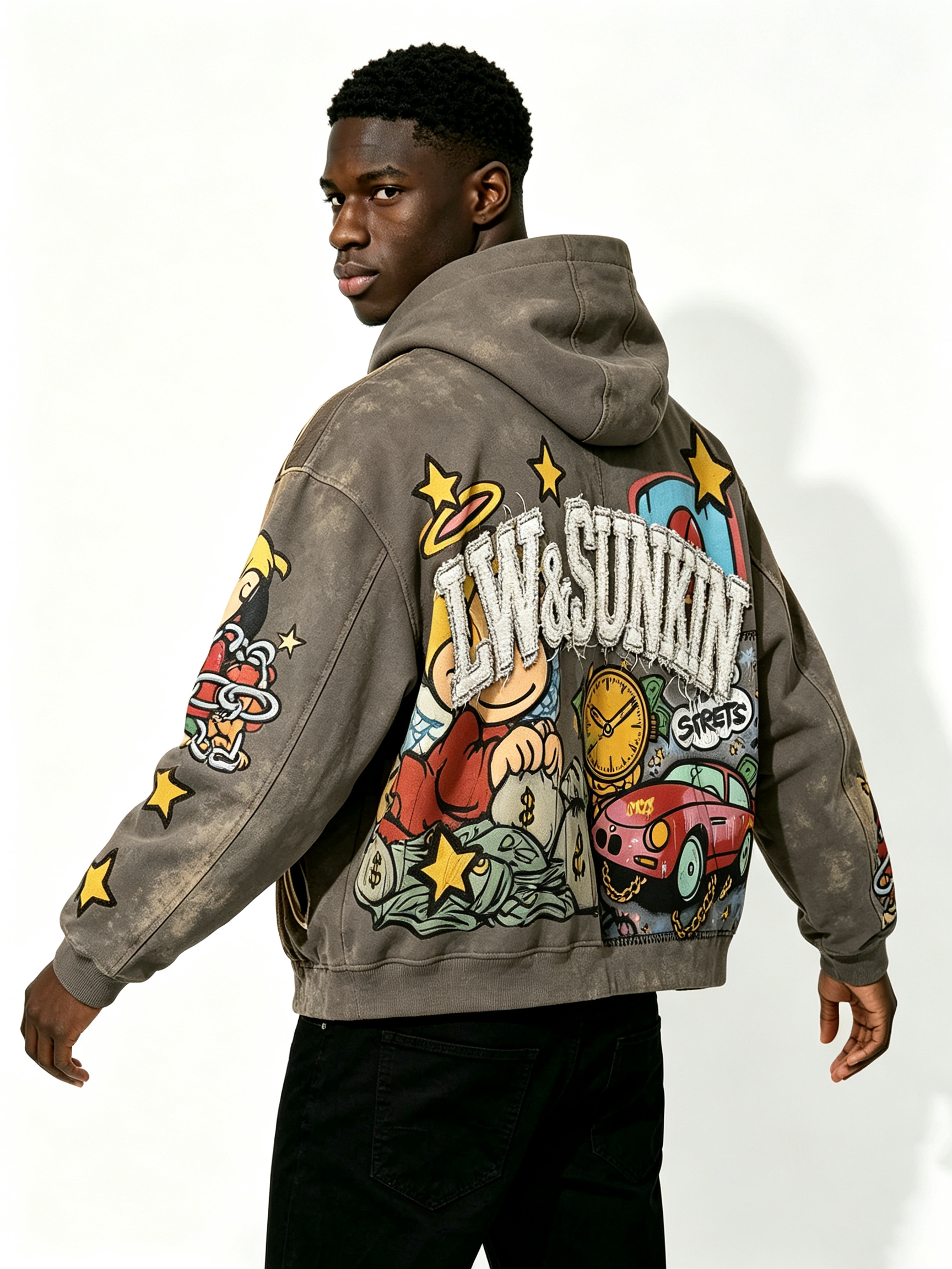 Custom Taupe Full Zip Hooded Jacket, Men Cartoon Comic Patch Applique Letter Oversized Casual Streetwear Zip Up Hoodie, Private Label Supported, 50 MOQ, 7-Day Fast Sampling