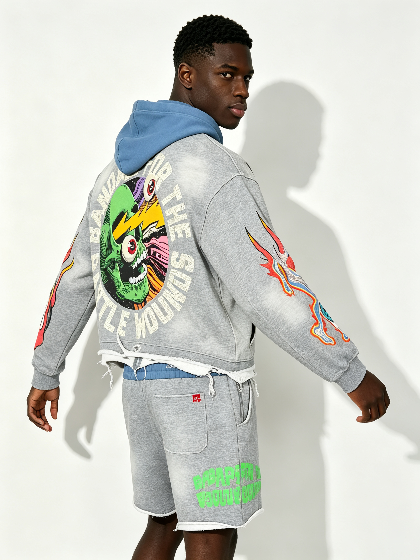 Custom Heather Grey Contrast Blue Hood Zip Up Cropped Hoodie & Shorts Two Piece Set, Men Flame Skeleton Hand Eye Cartoon Print Oversized Hip Hop Streetwear Co-Ord, Private Label, 50 MOQ, 7-Day Fast Sampling
