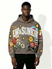 Custom Taupe Full Zip Hooded Jacket, Men Cartoon Comic Patch Applique Letter Oversized Casual Streetwear Zip Up Hoodie, Private Label Supported, 50 MOQ, 7-Day Fast Sampling