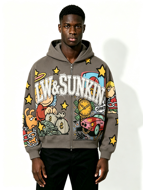 Custom Taupe Full Zip Hooded Jacket, Men Cartoon Comic Patch Applique Letter Oversized Casual Streetwear Zip Up Hoodie, Private Label Supported, 50 MOQ, 7-Day Fast Sampling