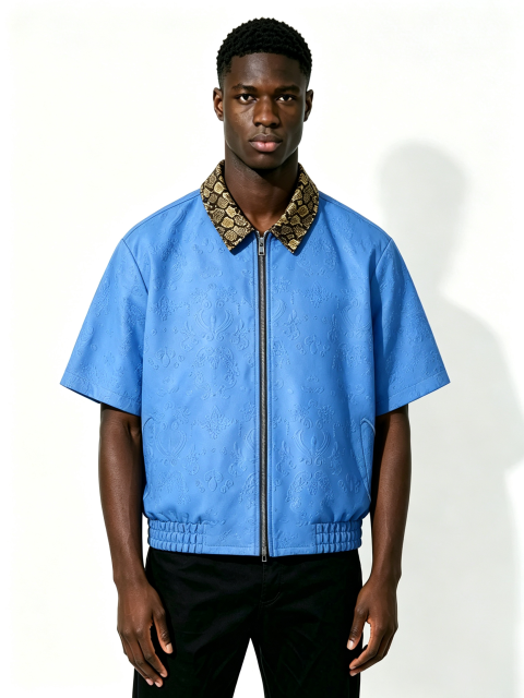 Custom Embossed Baroque Short Sleeve Zip Jacket, Men Snake Print Contrast Collar Cropped Oversized Luxury Streetwear Coach Coat, Private Label Supported, 50 MOQ, 7-Day Fast Sampling