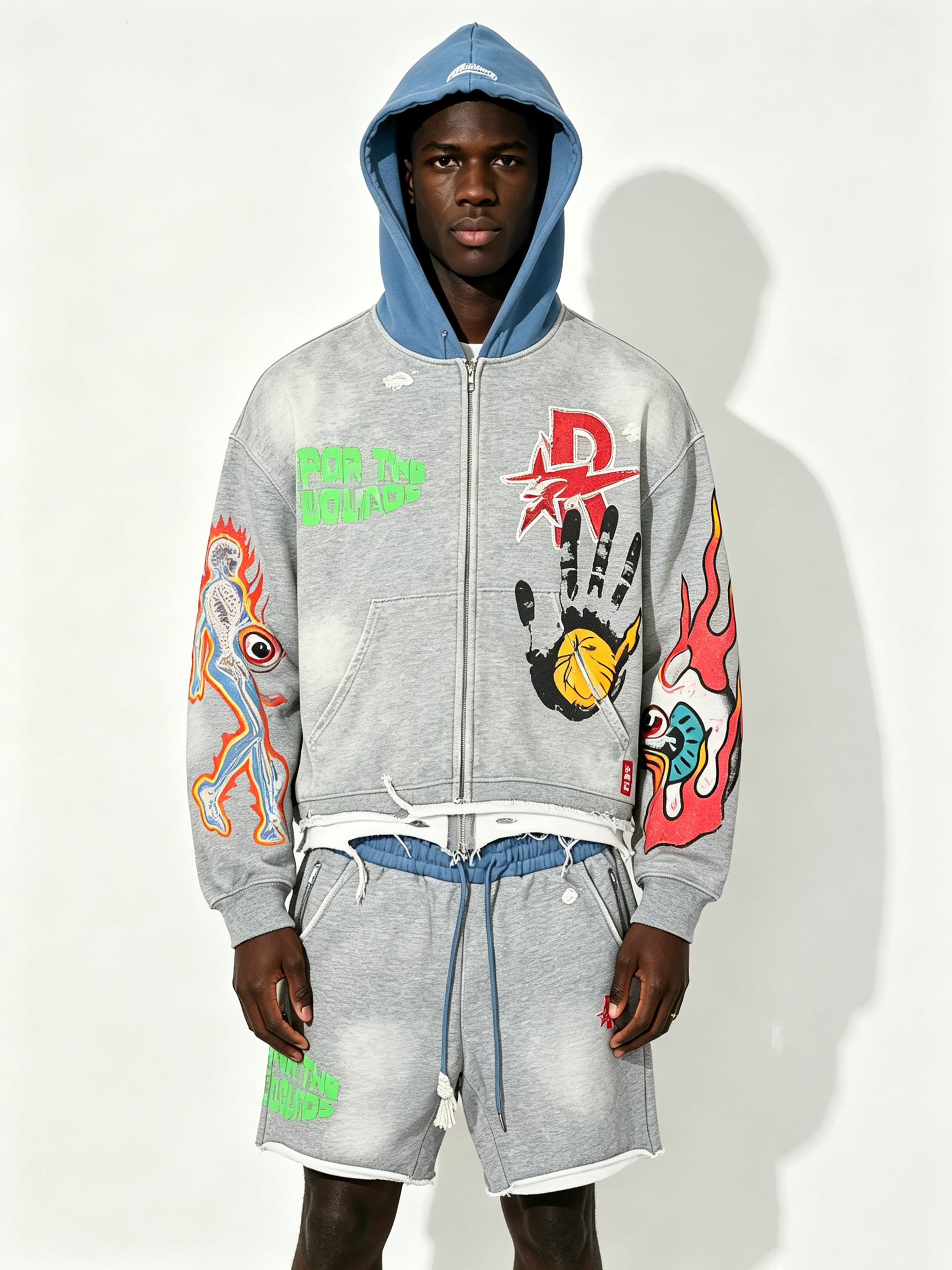 Custom Heather Grey Contrast Blue Hood Zip Up Cropped Hoodie & Shorts Two Piece Set, Men Flame Skeleton Hand Eye Cartoon Print Oversized Hip Hop Streetwear Co-Ord, Private Label, 50 MOQ, 7-Day Fast Sampling