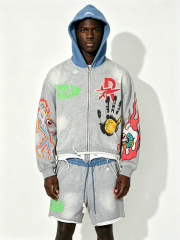 Custom Heather Grey Contrast Blue Hood Zip Up Cropped Hoodie & Shorts Two Piece Set, Men Flame Skeleton Hand Eye Cartoon Print Oversized Hip Hop Streetwear Co-Ord, Private Label, 50 MOQ, 7-Day Fast Sampling