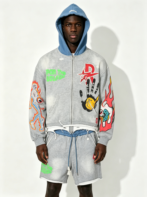 Custom Heather Grey Contrast Blue Hood Zip Up Cropped Hoodie & Shorts Two Piece Set, Men Flame Skeleton Hand Eye Cartoon Print Oversized Hip Hop Streetwear Co-Ord, Private Label, 50 MOQ, 7-Day Fast Sampling
