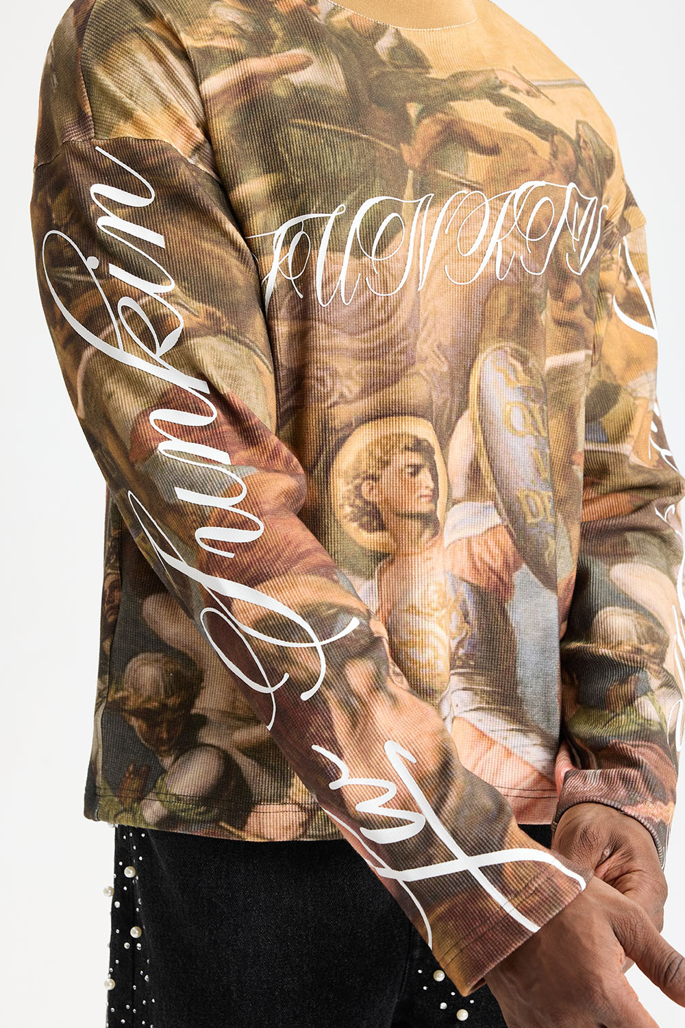 Custom Renaissance Art All‑Over Print Waffle Knit Long Sleeve Tee | Men Oversized Vintage Grunge Streetwear Full‑Print Graphic T‑Shirt
