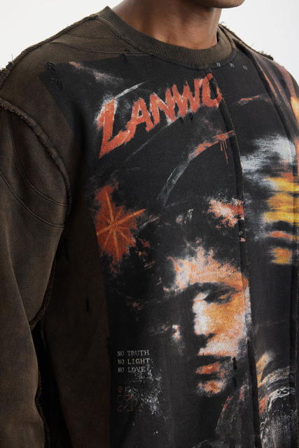Custom Exposed‑Seam Collage Portrait Waffle Knit Long Sleeve Tee | Men Oversized Distressed Grunge Streetwear Spliced Graphic T‑Shirt