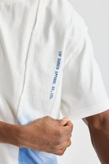 Custom Diagonal Spliced Blue‑Gradient Raw‑Edge Short Sleeve Tee | Men Oversized Deconstructed Streetwear Panel‑Splice Cotton T‑Shirt
