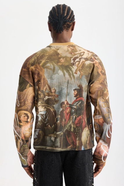 Custom Renaissance Art All‑Over Print Waffle Knit Long Sleeve Tee | Men Oversized Vintage Grunge Streetwear Full‑Print Graphic T‑Shirt