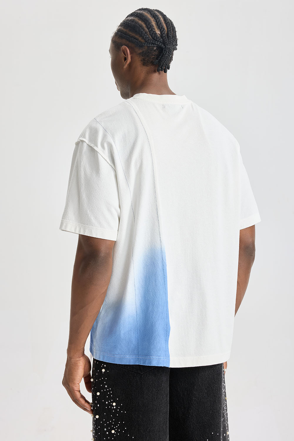 Custom Diagonal Spliced Blue‑Gradient Raw‑Edge Short Sleeve Tee | Men Oversized Deconstructed Streetwear Panel‑Splice Cotton T‑Shirt