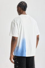 Custom Diagonal Spliced Blue‑Gradient Raw‑Edge Short Sleeve Tee | Men Oversized Deconstructed Streetwear Panel‑Splice Cotton T‑Shirt