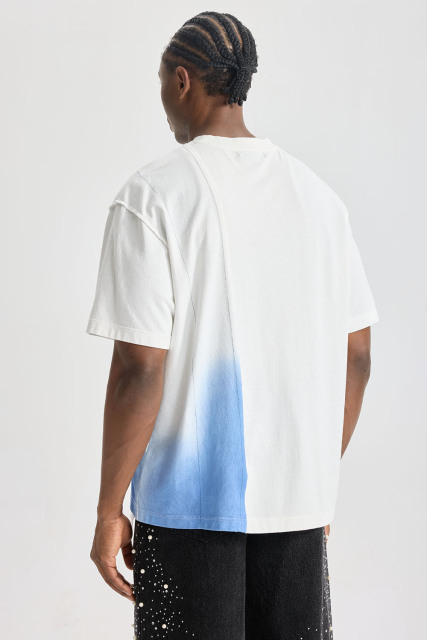 Custom Diagonal Spliced Blue‑Gradient Raw‑Edge Short Sleeve Tee | Men Oversized Deconstructed Streetwear Panel‑Splice Cotton T‑Shirt
