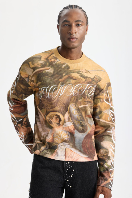 Custom Renaissance Art All‑Over Print Waffle Knit Long Sleeve Tee | Men Oversized Vintage Grunge Streetwear Full‑Print Graphic T‑Shirt