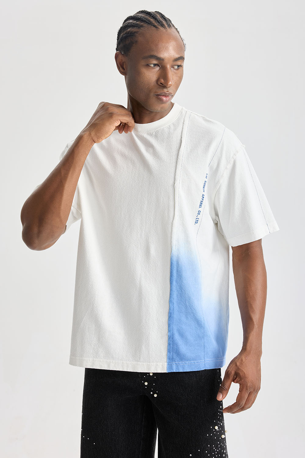Custom Diagonal Spliced Blue‑Gradient Raw‑Edge Short Sleeve Tee | Men Oversized Deconstructed Streetwear Panel‑Splice Cotton T‑Shirt