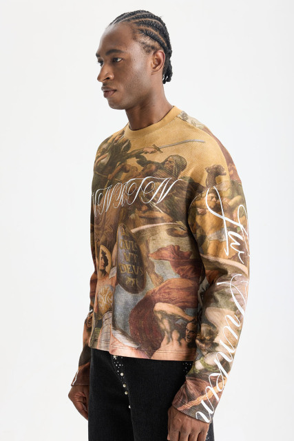 Custom Renaissance Art All‑Over Print Waffle Knit Long Sleeve Tee | Men Oversized Vintage Grunge Streetwear Full‑Print Graphic T‑Shirt