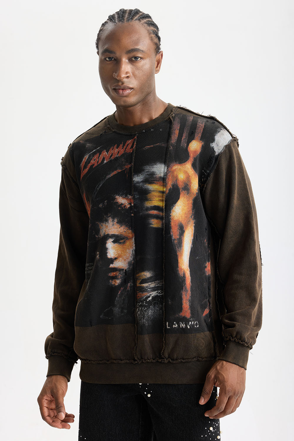 Custom Exposed‑Seam Collage Portrait Waffle Knit Long Sleeve Tee | Men Oversized Distressed Grunge Streetwear Spliced Graphic T‑Shirt