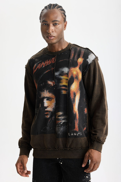 Custom Exposed‑Seam Collage Portrait Waffle Knit Long Sleeve Tee | Men Oversized Distressed Grunge Streetwear Spliced Graphic T‑Shirt