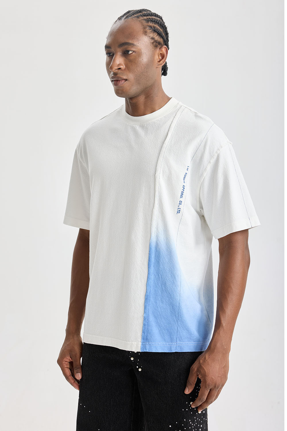 Custom Diagonal Spliced Blue‑Gradient Raw‑Edge Short Sleeve Tee | Men Oversized Deconstructed Streetwear Panel‑Splice Cotton T‑Shirt