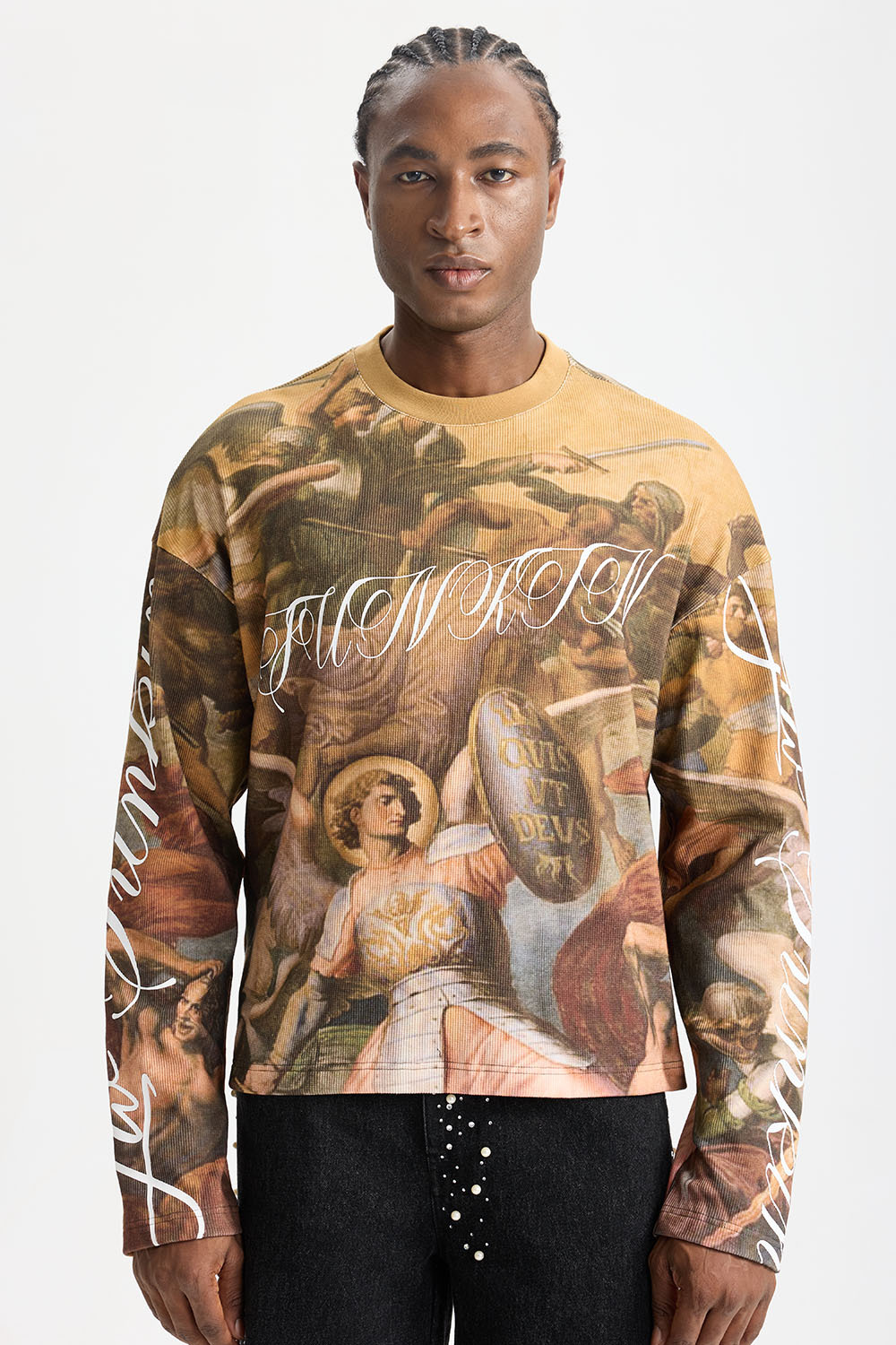Custom Renaissance Art All‑Over Print Waffle Knit Long Sleeve Tee | Men Oversized Vintage Grunge Streetwear Full‑Print Graphic T‑Shirt