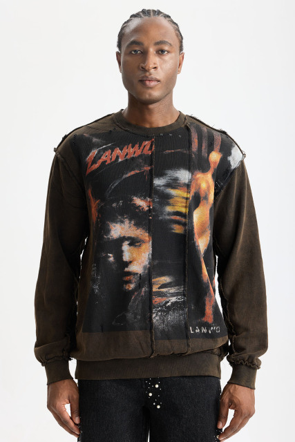 Custom Exposed‑Seam Collage Portrait Waffle Knit Long Sleeve Tee | Men Oversized Distressed Grunge Streetwear Spliced Graphic T‑Shirt