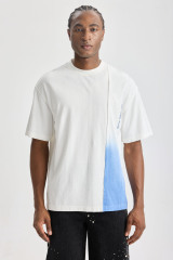 Custom Diagonal Spliced Blue‑Gradient Raw‑Edge Short Sleeve Tee | Men Oversized Deconstructed Streetwear Panel‑Splice Cotton T‑Shirt