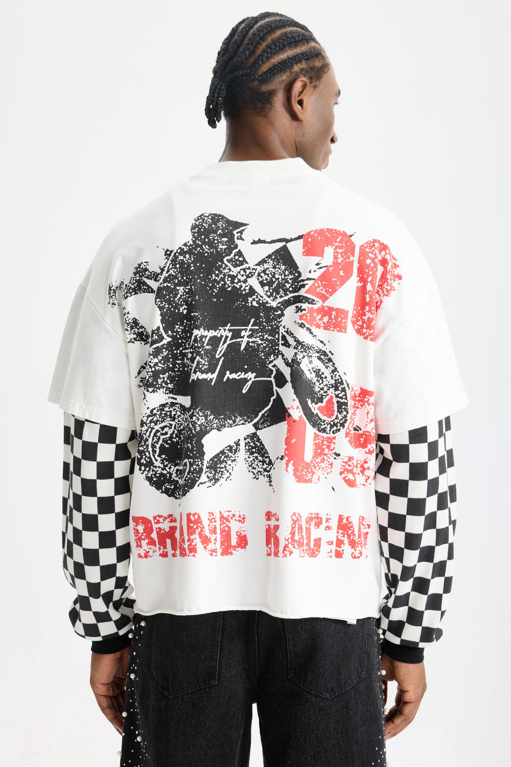 Custom Racing Vintage Checkered Fake Two‑Piece Long Sleeve Tee | Men Oversized Grunge Streetwear Cropped Layered‑Look T‑Shirt