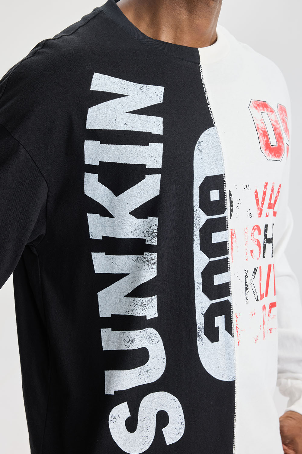 Custom Black‑White Split Spliced Long Sleeve Tee | Men Oversized Vintage Grunge Streetwear Contrast Panel Graphic T‑Shirt
