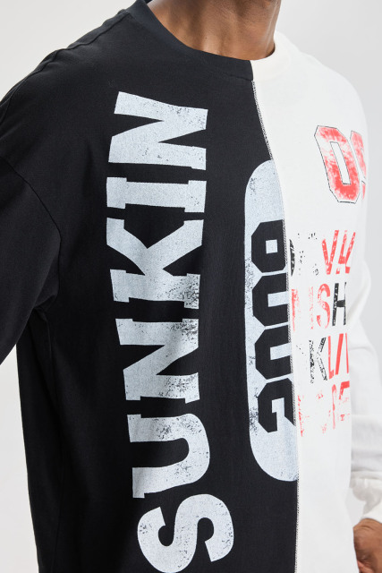 Custom Black‑White Split Spliced Long Sleeve Tee | Men Oversized Vintage Grunge Streetwear Contrast Panel Graphic T‑Shirt