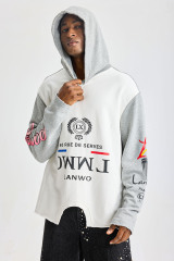 Custom Patchwork Deconstructed Raw‑Edge Hoodie | Men Oversized Grunge Streetwear Contrast‑Color Graphic Print Hooded Sweatshirt