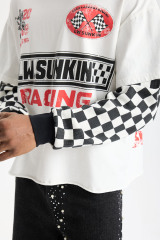 Custom Racing Vintage Checkered Fake Two‑Piece Long Sleeve Tee | Men Oversized Grunge Streetwear Cropped Layered‑Look T‑Shirt