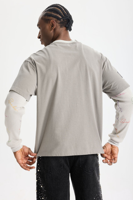Custom Art District Patchwork Fake Two‑Piece Long Sleeve Tee | Men Oversized Retro Grunge Streetwear Spliced Layered‑Look T‑Shirt