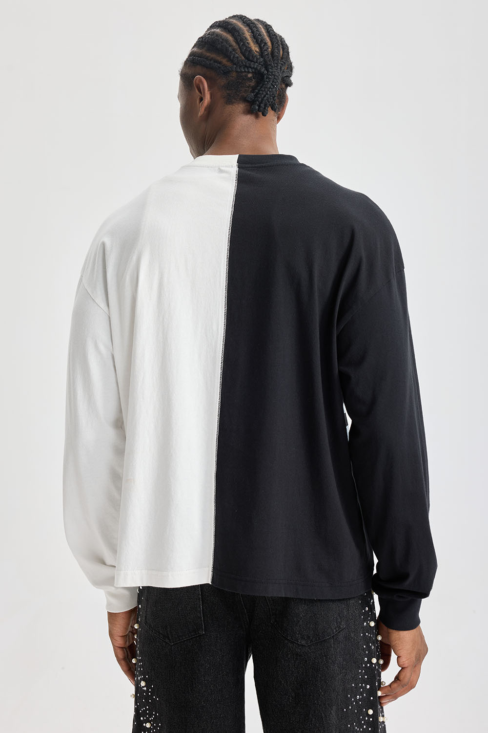 Custom Black‑White Split Spliced Long Sleeve Tee | Men Oversized Vintage Grunge Streetwear Contrast Panel Graphic T‑Shirt