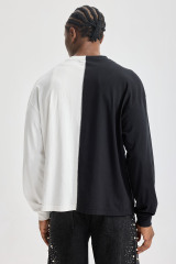 Custom Black‑White Split Spliced Long Sleeve Tee | Men Oversized Vintage Grunge Streetwear Contrast Panel Graphic T‑Shirt