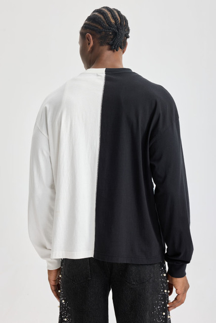 Custom Black‑White Split Spliced Long Sleeve Tee | Men Oversized Vintage Grunge Streetwear Contrast Panel Graphic T‑Shirt