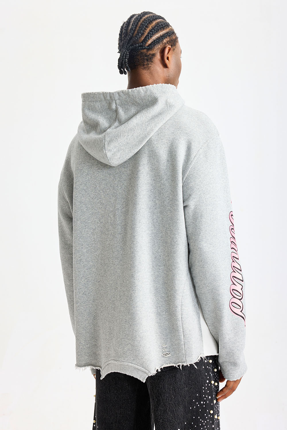 Custom Patchwork Deconstructed Raw‑Edge Hoodie | Men Oversized Grunge Streetwear Contrast‑Color Graphic Print Hooded Sweatshirt