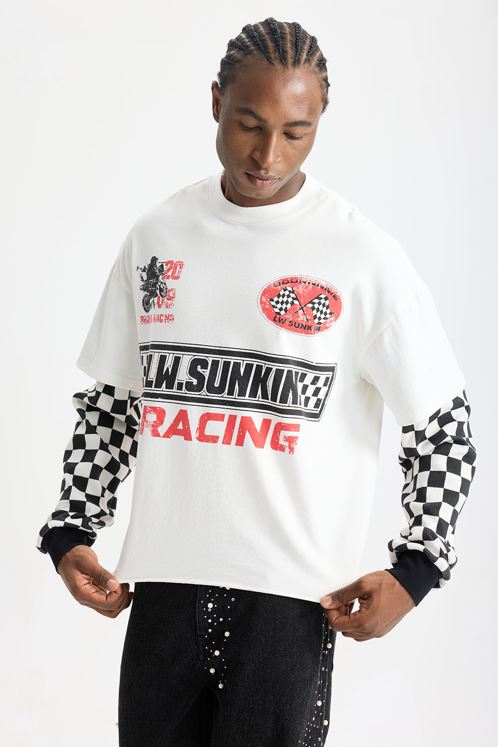 Custom Racing Vintage Checkered Fake Two‑Piece Long Sleeve Tee | Men Oversized Grunge Streetwear Cropped Layered‑Look T‑Shirt