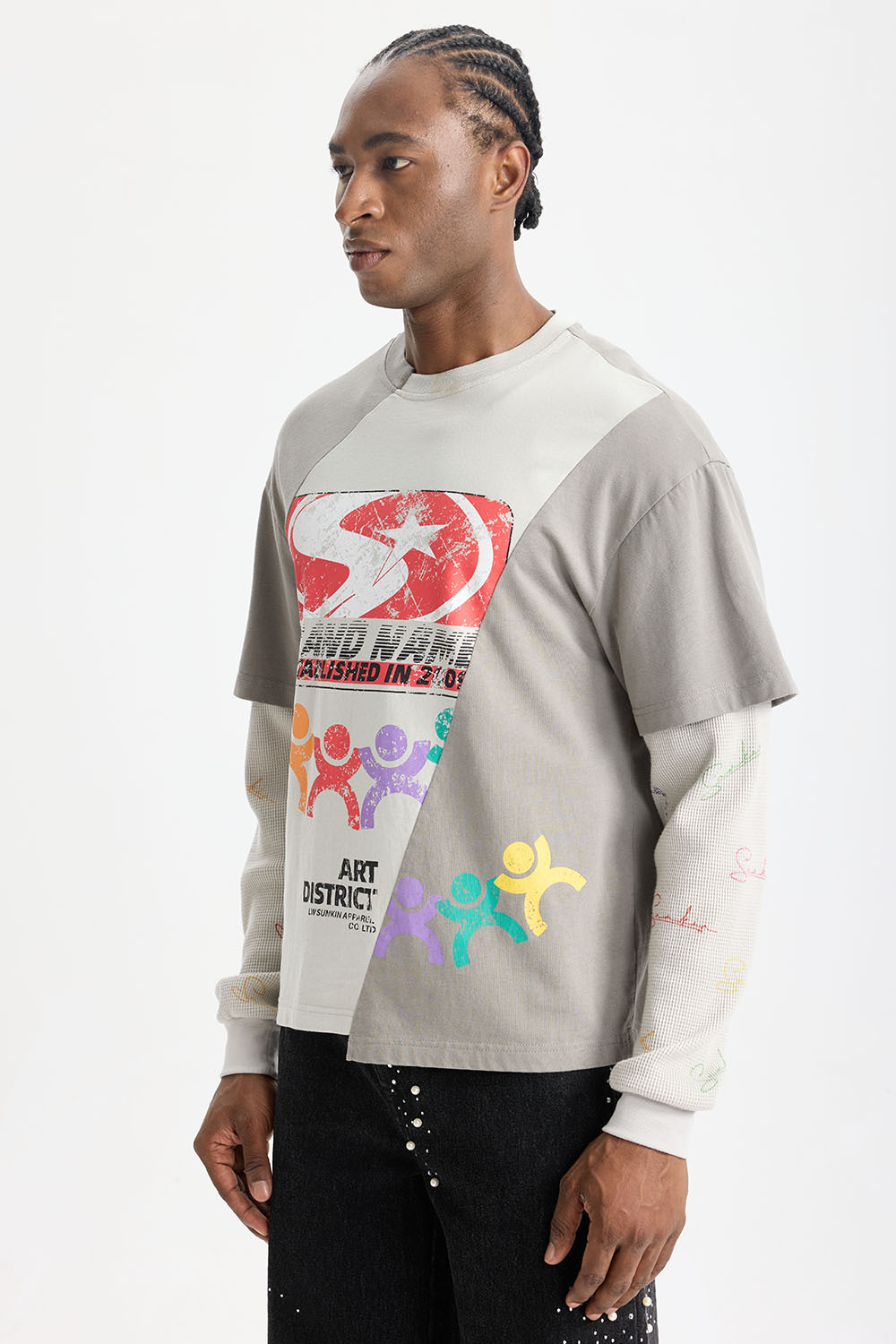 Custom Art District Patchwork Fake Two‑Piece Long Sleeve Tee | Men Oversized Retro Grunge Streetwear Spliced Layered‑Look T‑Shirt
