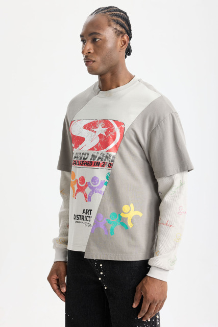 Custom Art District Patchwork Fake Two‑Piece Long Sleeve Tee | Men Oversized Retro Grunge Streetwear Spliced Layered‑Look T‑Shirt