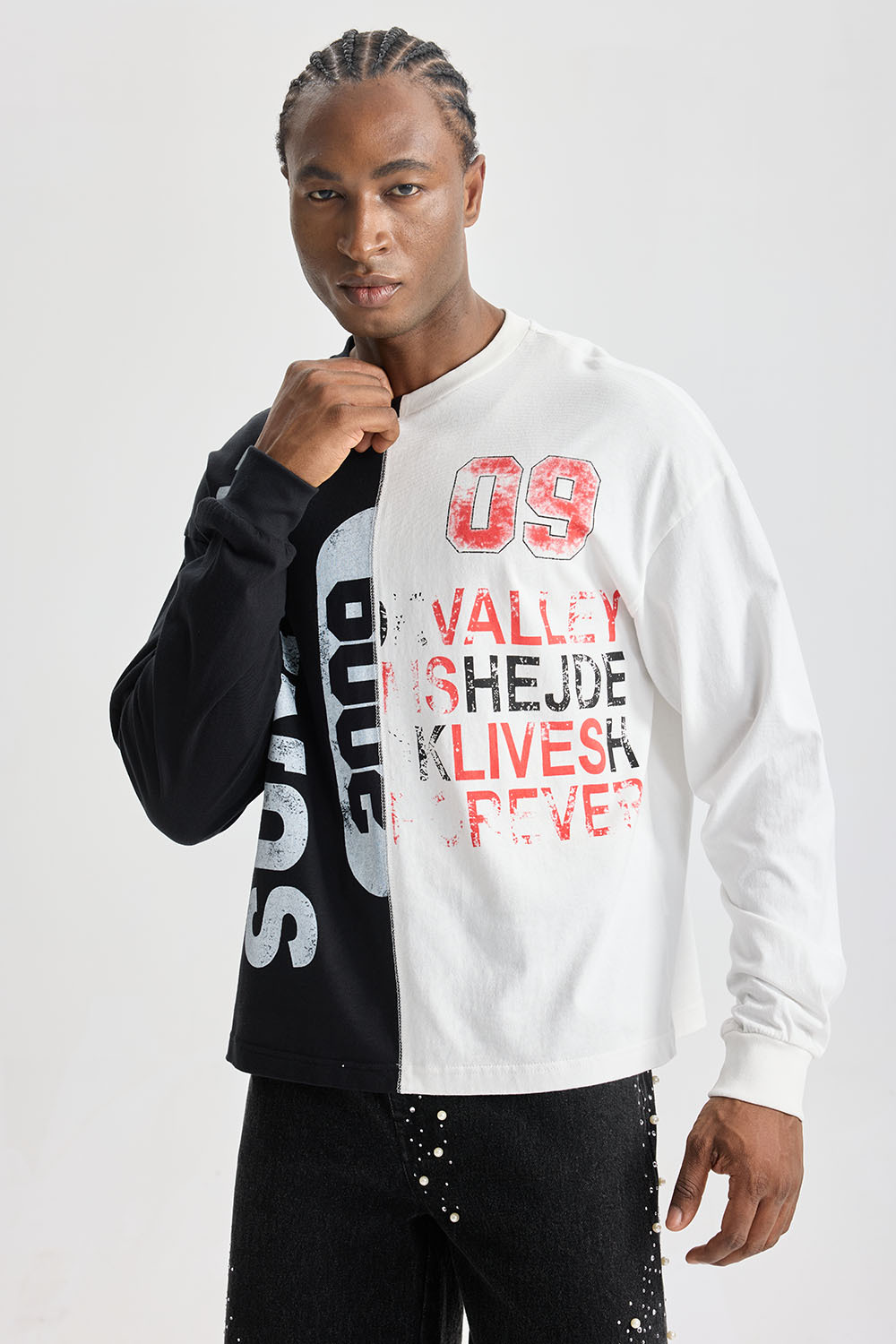 Custom Black‑White Split Spliced Long Sleeve Tee | Men Oversized Vintage Grunge Streetwear Contrast Panel Graphic T‑Shirt