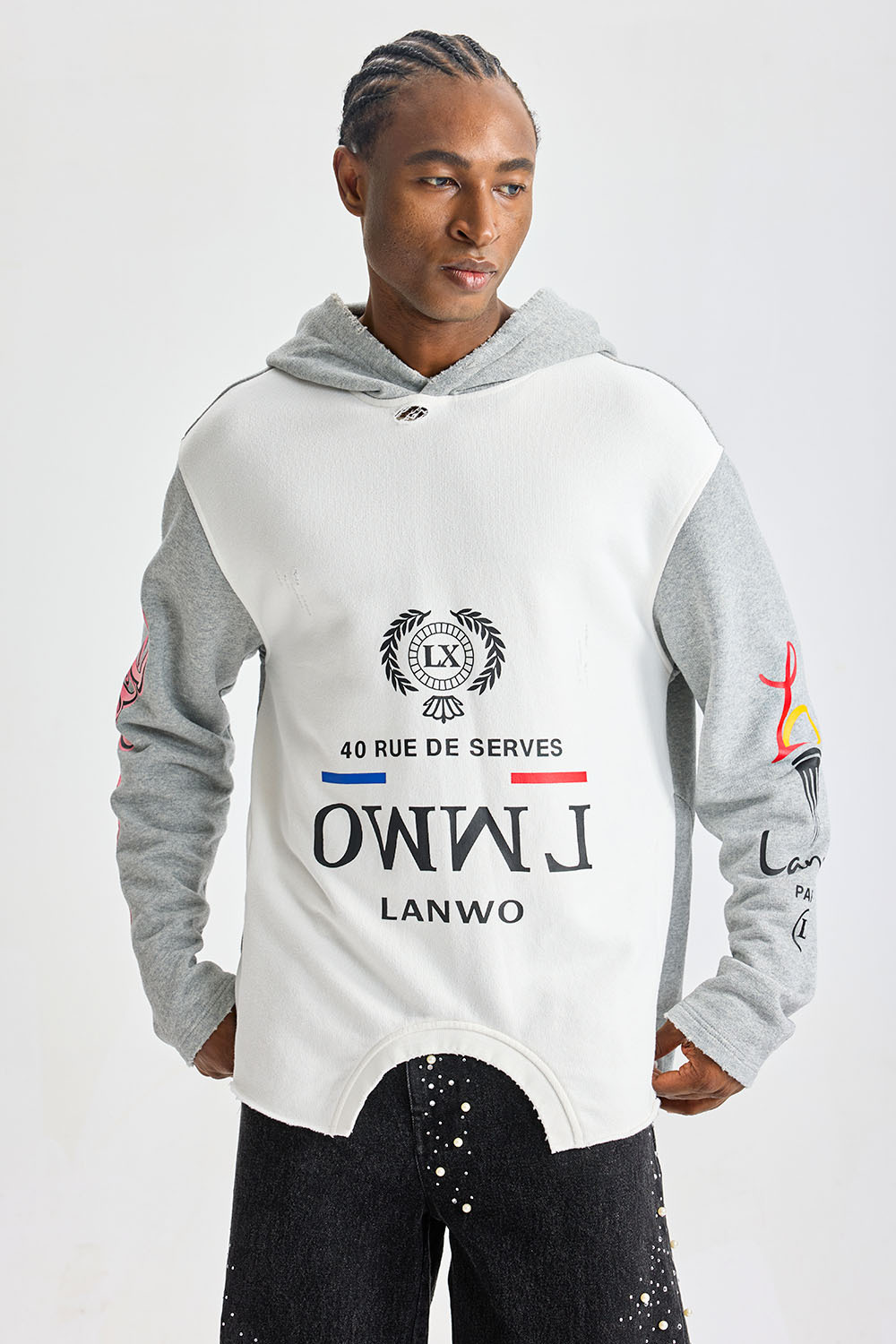 Custom Patchwork Deconstructed Raw‑Edge Hoodie | Men Oversized Grunge Streetwear Contrast‑Color Graphic Print Hooded Sweatshirt