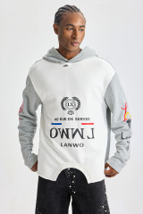 Custom Patchwork Deconstructed Raw‑Edge Hoodie | Men Oversized Grunge Streetwear Contrast‑Color Graphic Print Hooded Sweatshirt