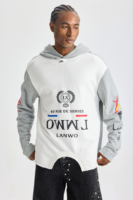 Custom Patchwork Deconstructed Raw‑Edge Hoodie | Men Oversized Grunge Streetwear Contrast‑Color Graphic Print Hooded Sweatshirt