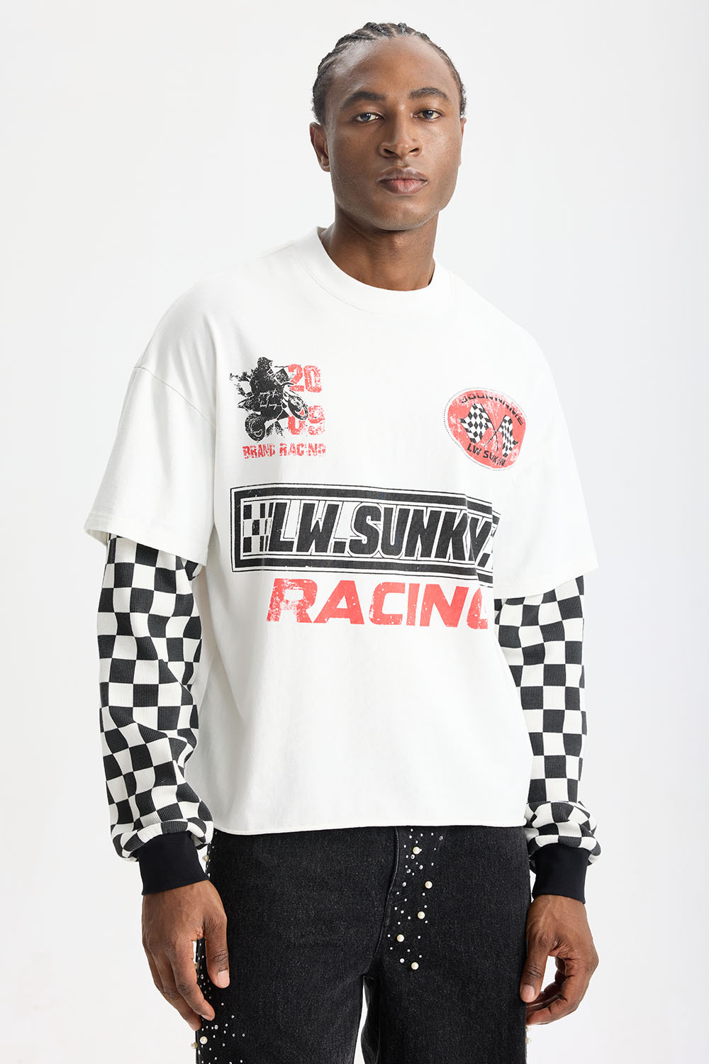 Custom Racing Vintage Checkered Fake Two‑Piece Long Sleeve Tee | Men Oversized Grunge Streetwear Cropped Layered‑Look T‑Shirt